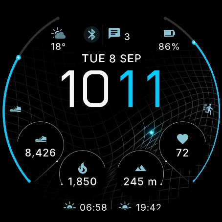 Grid Master in the Glacier theme: four data circles and two progress arcs around the time 10:11
