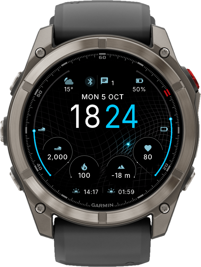 Grid Master on a Garmin watch in the Glacier theme: 18:24, Monday 5 October, 2,000 steps, heart rate 80