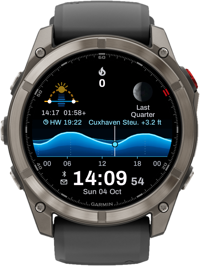Harmonic Tide on a Garmin fēnix 8: sun arc, moon phase, tide graph with high water at 19:22 in Cuxhaven, time 14:09