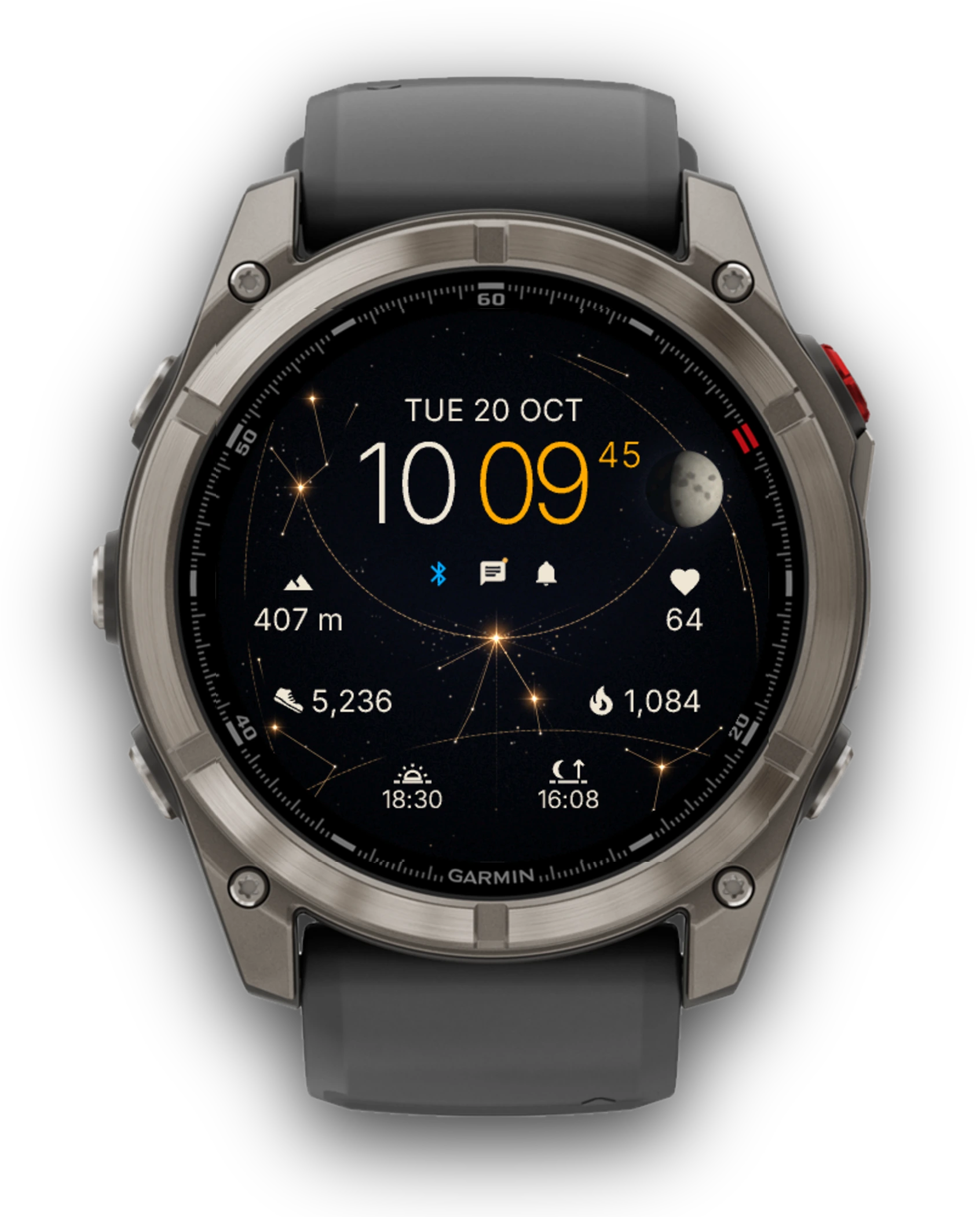 Stargate auf einer Garmin fēnix 8 Pro: Sternbild, Mondphase, 10:09:45 Uhr, Höhe 407 m, Puls 64, 5.236 Schritte, 1.084 kcal, Sonnenaufgang und Sonnenuntergang