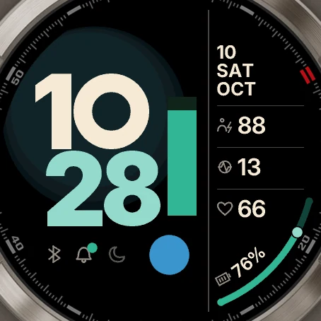 Swell: large time 10:28, a green bar and a blue circle
