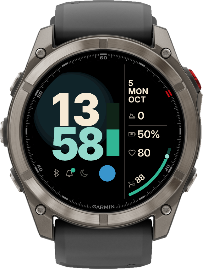 Swell su un orologio Garmin con il tema Oceano: 13:58, lunedì 5 ottobre, una barra verde, un cerchio blu, batteria al 50 per cento, frequenza cardiaca 80